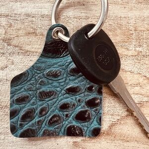 turquoise leather keychain cow tag purse charm Alligator print western keyring